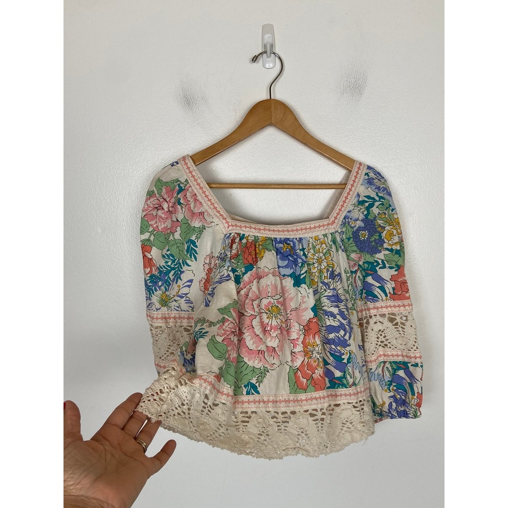 Christian Siriano Linen Blend Floral Top S Lace Trim Boho Babydoll Squared Neck - Picture 2 of 9